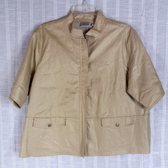 Chico's Gold Waxed Linen Jacket Blazer 2 Large 12 - Picture 1 of 6